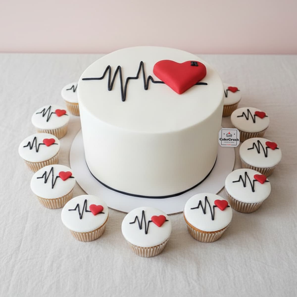 White Finish Heartbeat Theme Cake with Red Heart & Cupcakes – Dubai in dubai